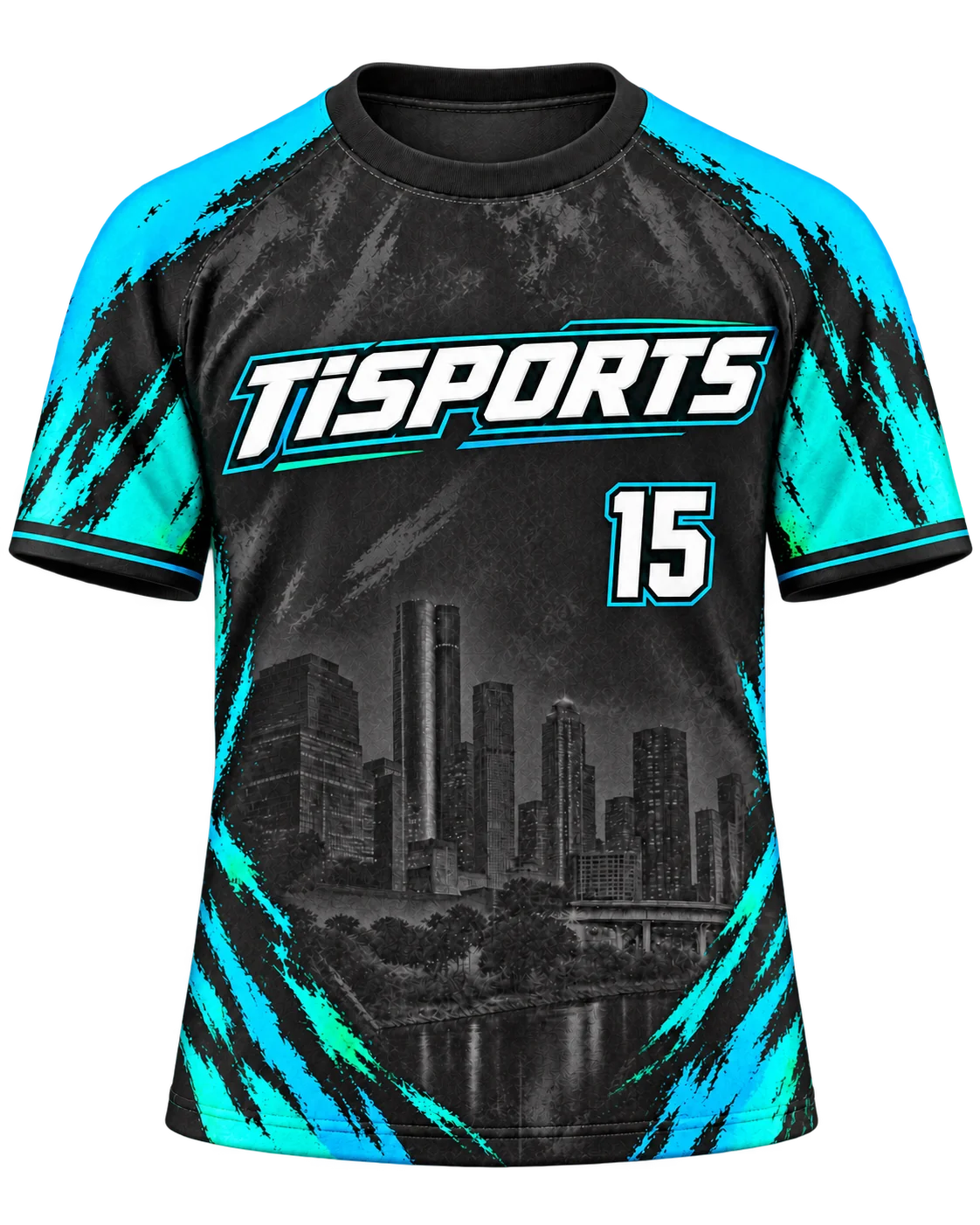 TiSports distressed black full-dye jersey with a subtle charcoal Houston skyline