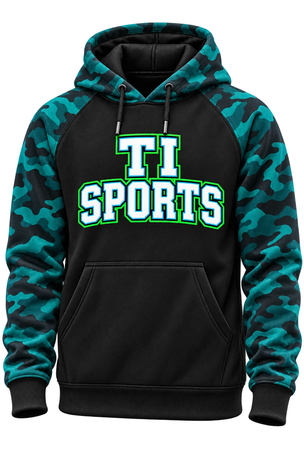 Floating black TiSports hoodie with teal camo sleeves and bold varsity lettering