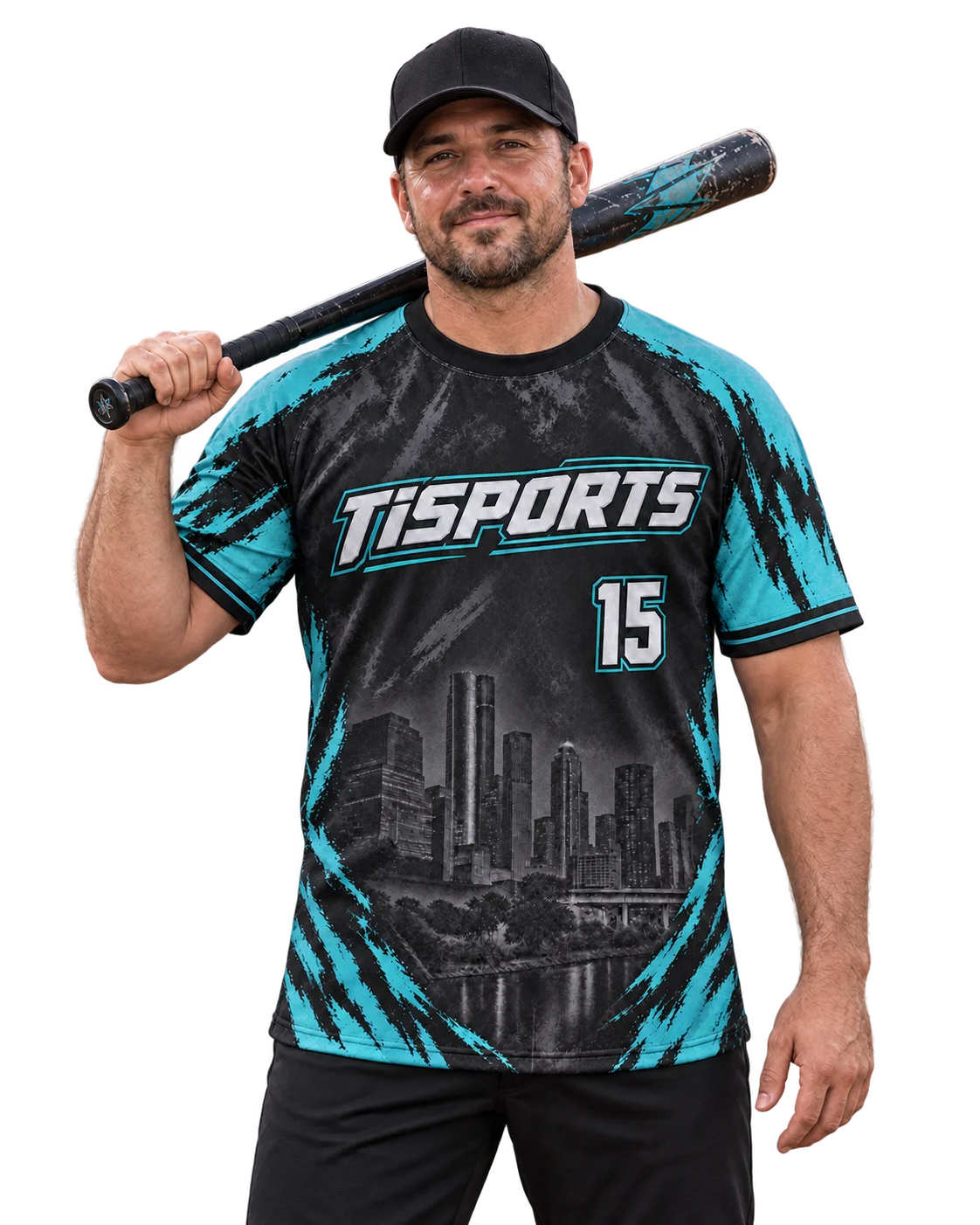 Apparel concept: a softball player with a bat on his shoulder wearing a charcoal and muted teal TiSports jersey